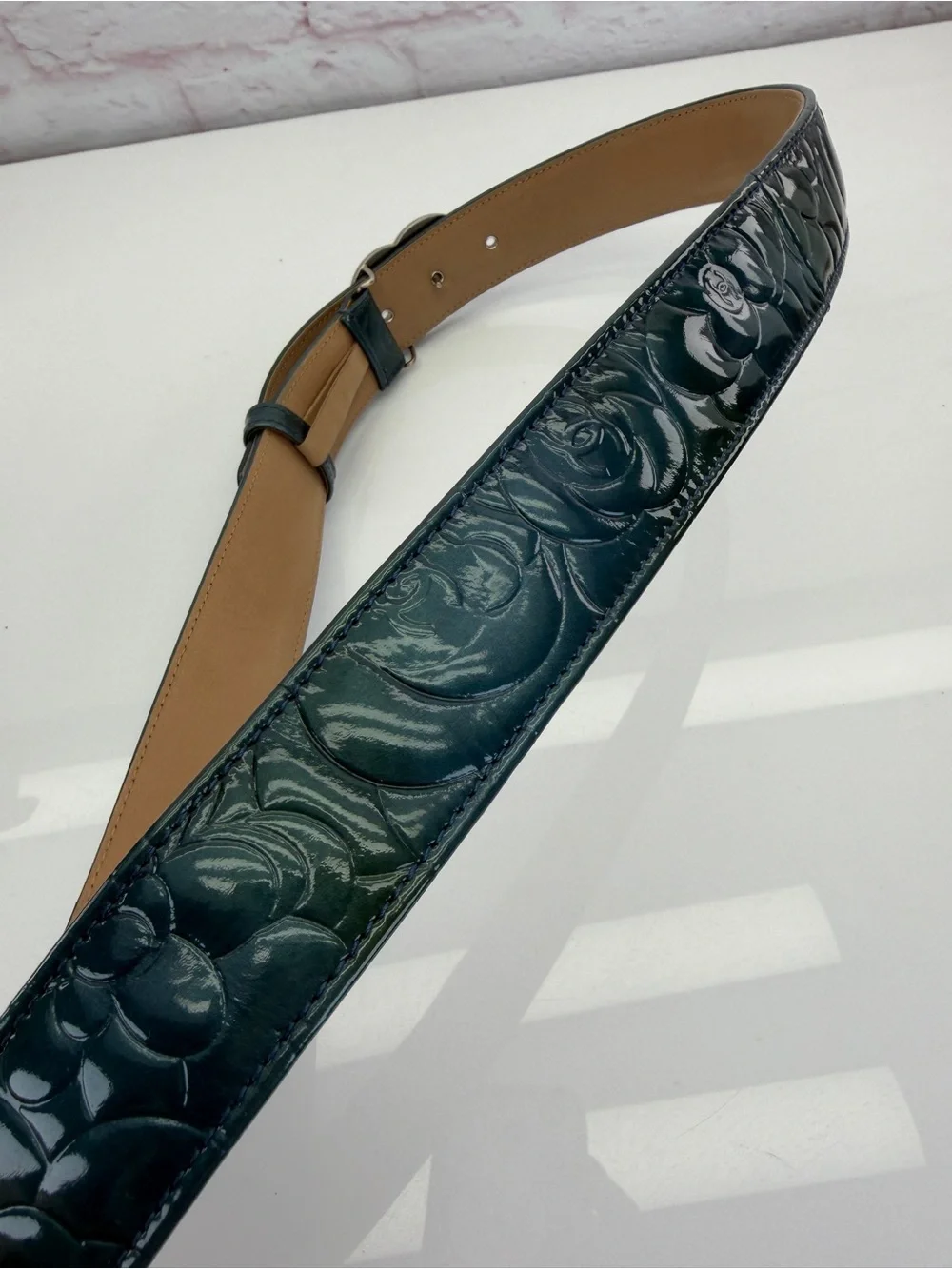 Chanel Teal Patent Leather Camellia Embossed Belt with Interlocking CC Buckle